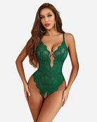 Dark green lace teddy one-piece with V-neck and heart cutout detail, scalloped trim