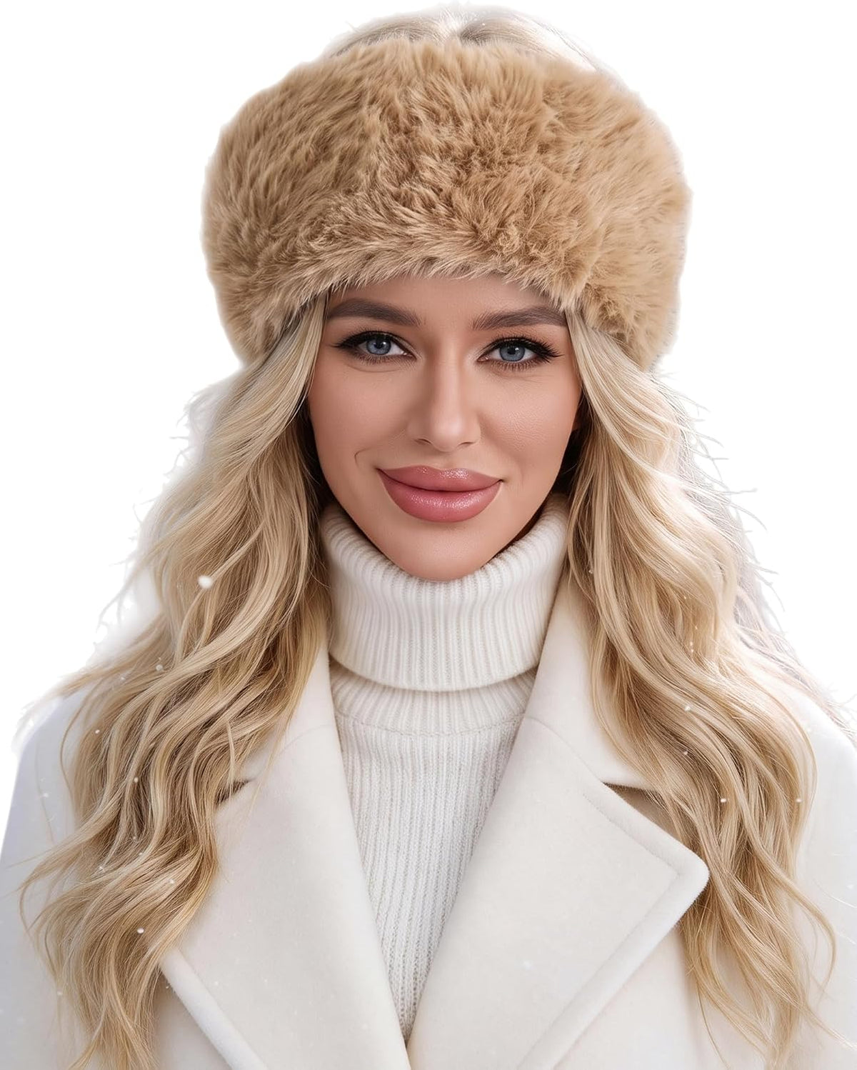 Faux fur headband with elastic, tan winter ear warmer for women