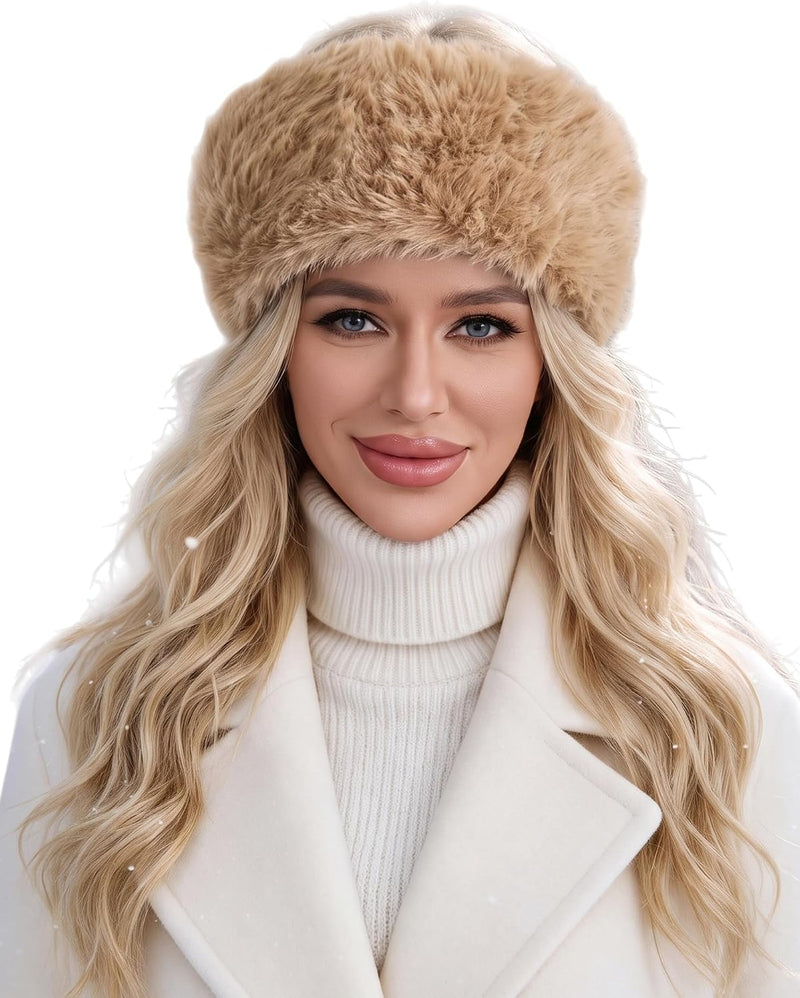 Faux fur headband with elastic, tan winter ear warmer for women