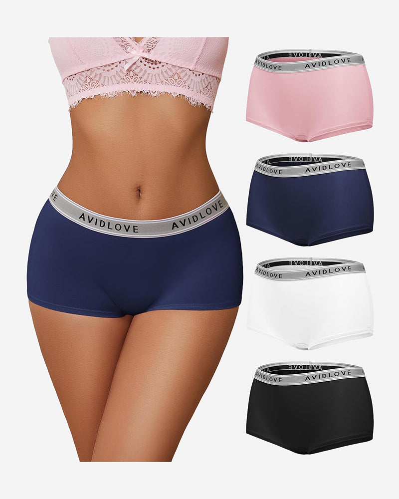 Navy cotton full-coverage panties with light-pink lace trim and logo waistband.