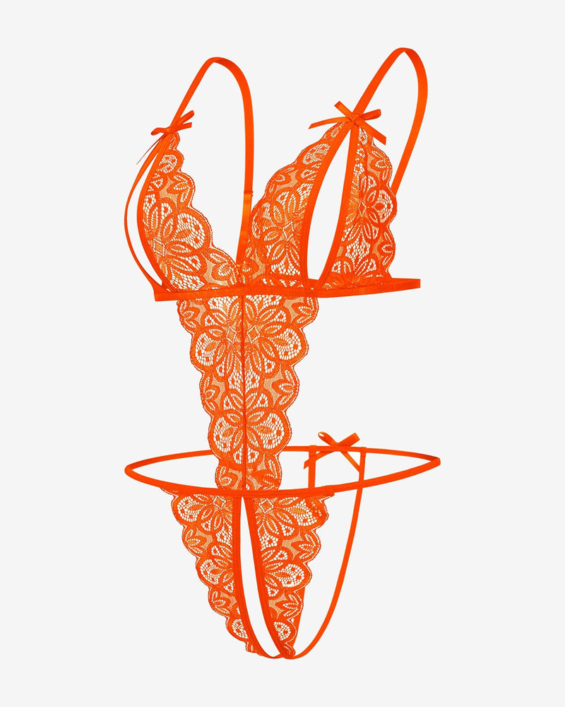 Orange lace deep V bodysuit teddy with scalloped lace detail and thong bottom