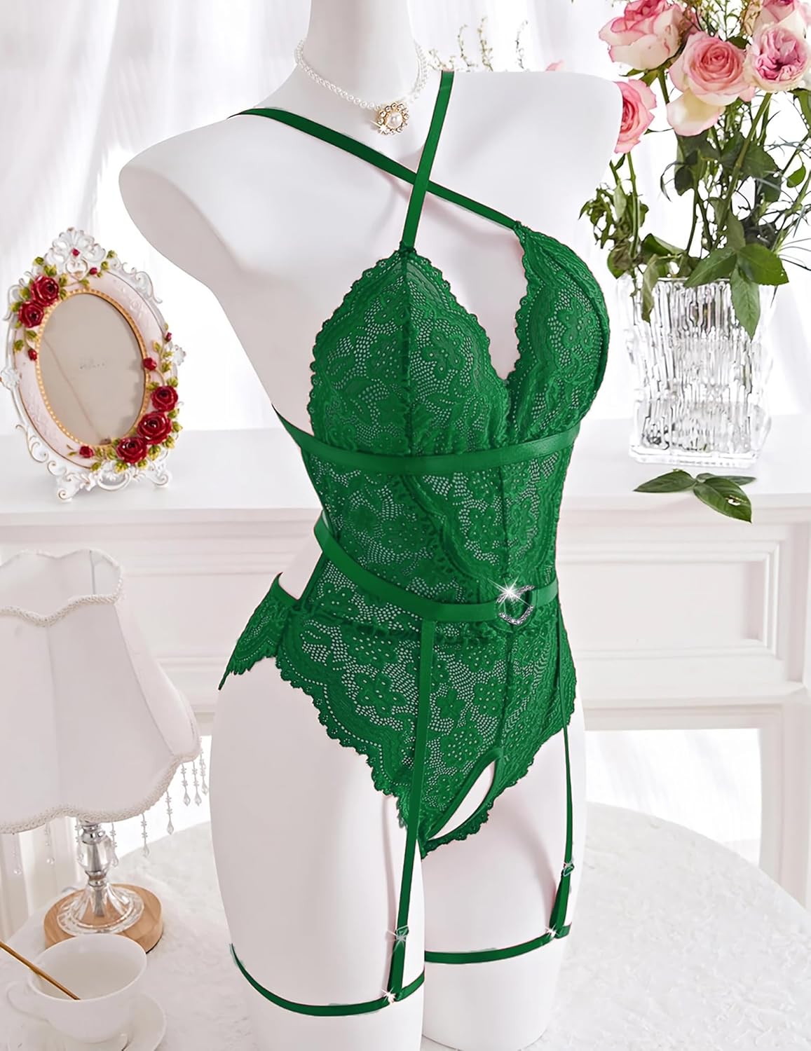 Green lace crotchless bodysuit with garter belt, suspender straps
