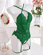 Green lace crotchless bodysuit with garter belt, suspender straps