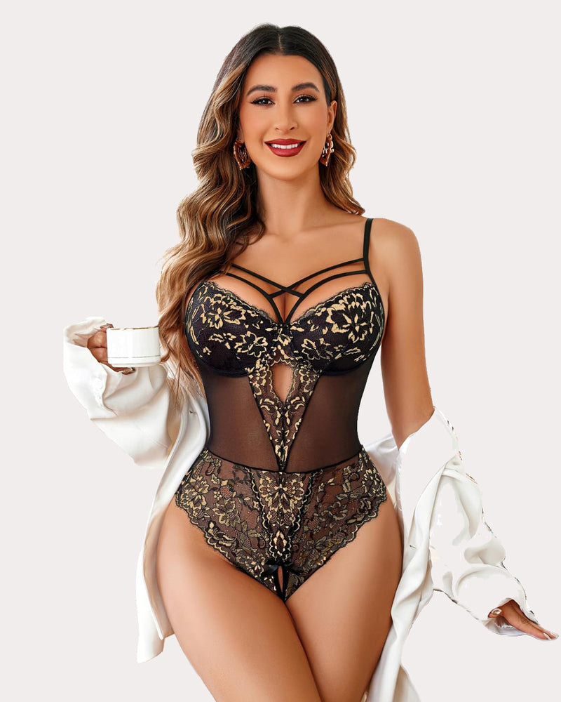 Lace one-piece bodysuit with crisscross straps, floral lace print and cutout, black/gold