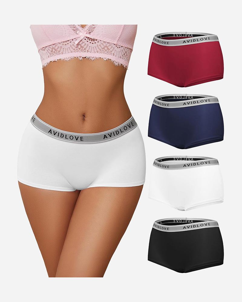 White cotton full-coverage panties with light-pink lace trim and logo waistband.