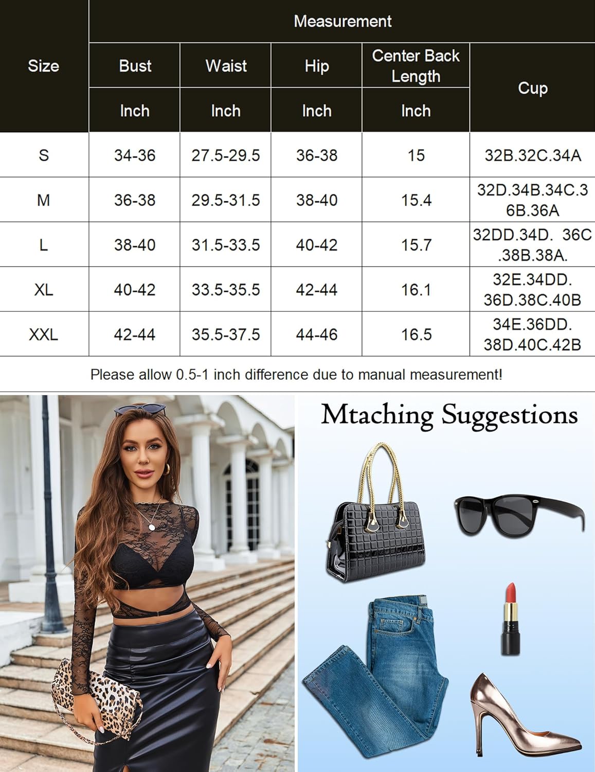 Size chart and styling suggestions for mesh see-through tops
