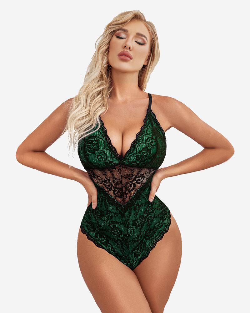 Green contrast lace snap-crotch teddy one-piece with V-neck and scalloped lace trim
