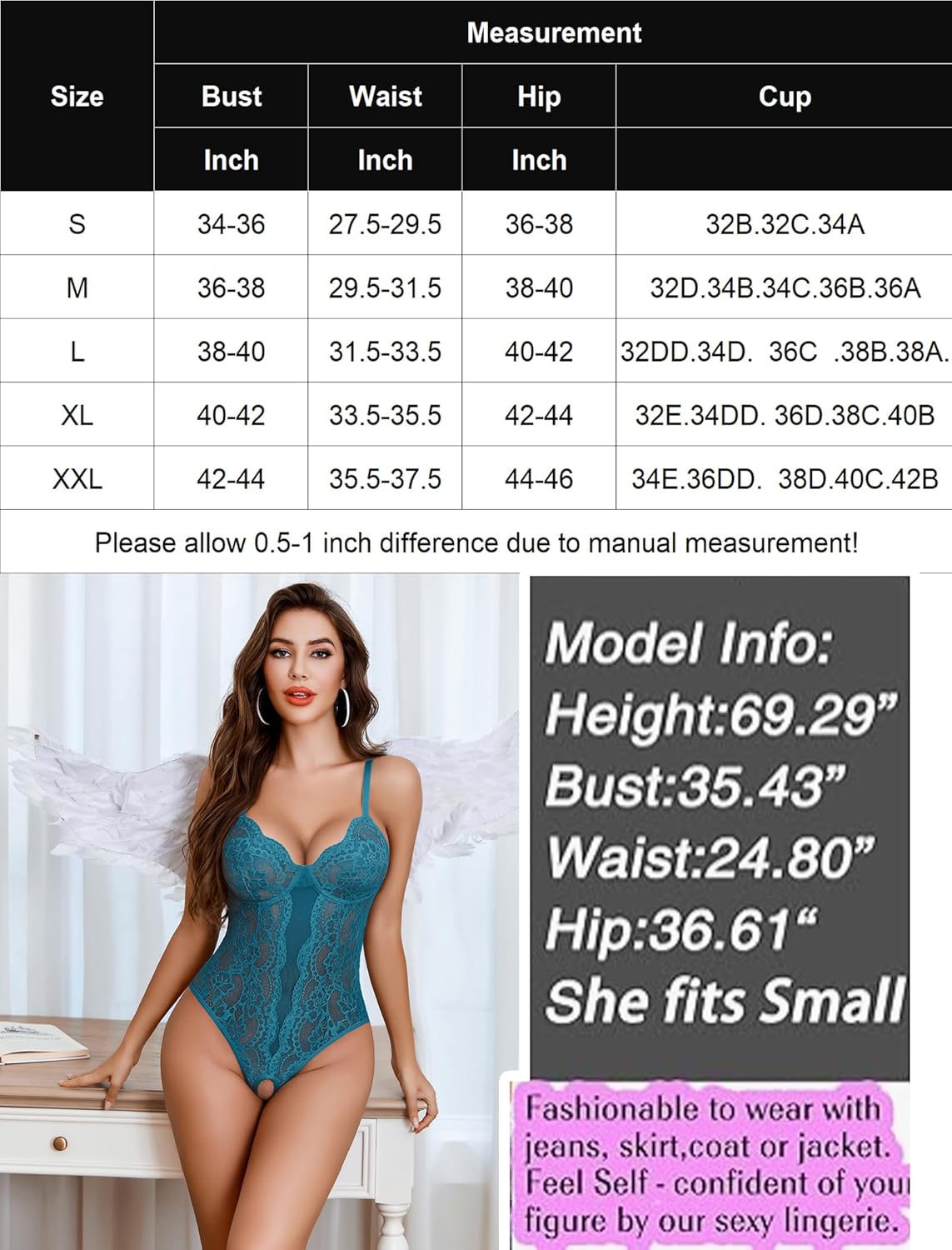 Teal lace one-piece lingerie on model, deep V neckline and high-cut bottom
