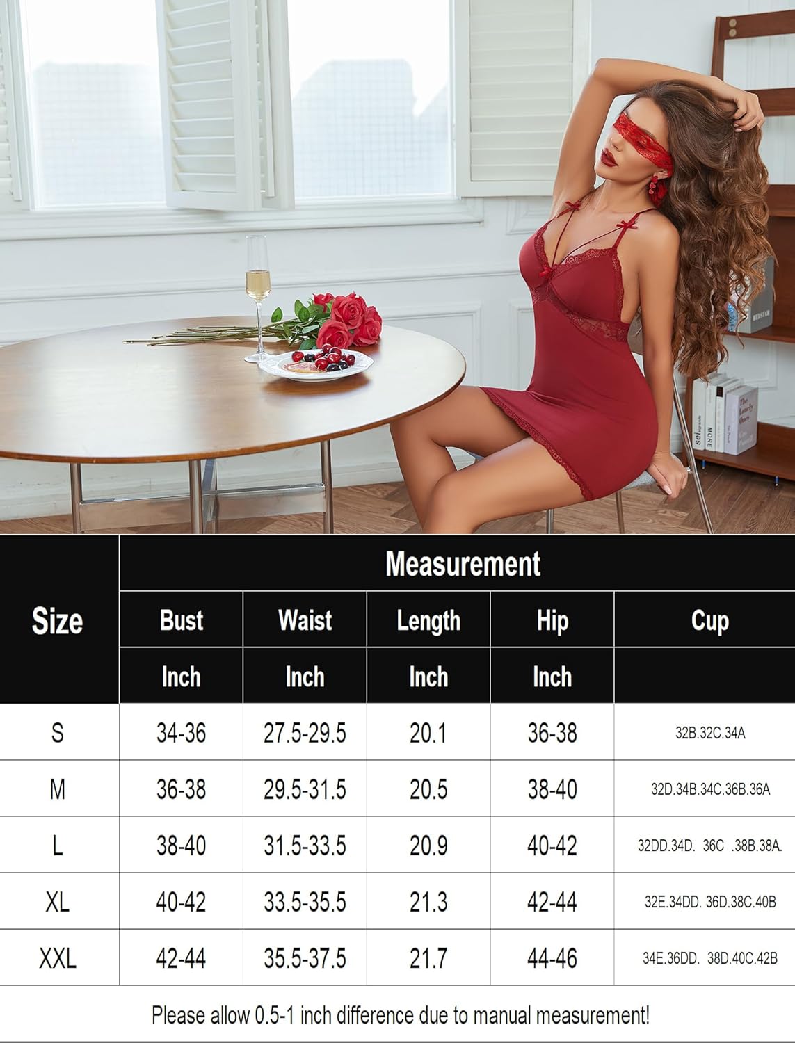 Red lace chemise with thin straps and scalloped lace hem, shown on model.