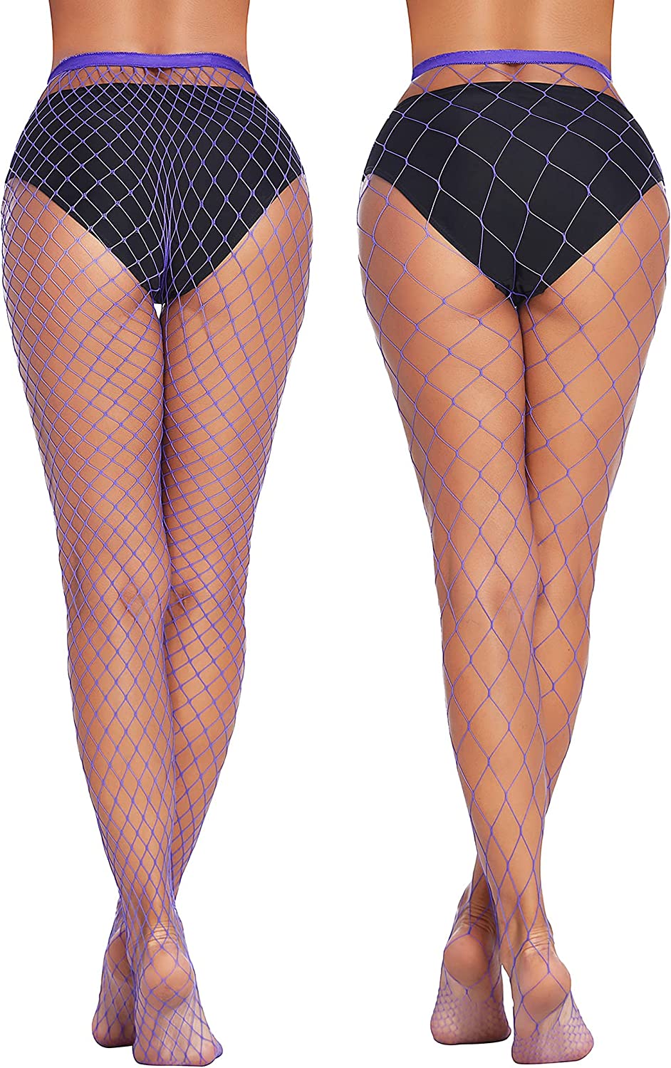 Plus size fishnet stockings in dark navy/black with purple waistband and diamond net
