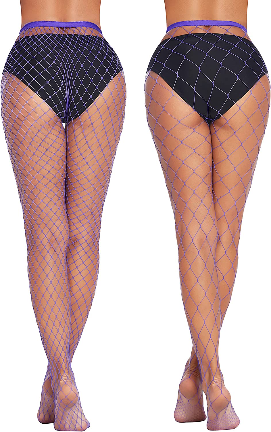 Plus-size fishnet stockings with diamond net pattern, dark navy and purple