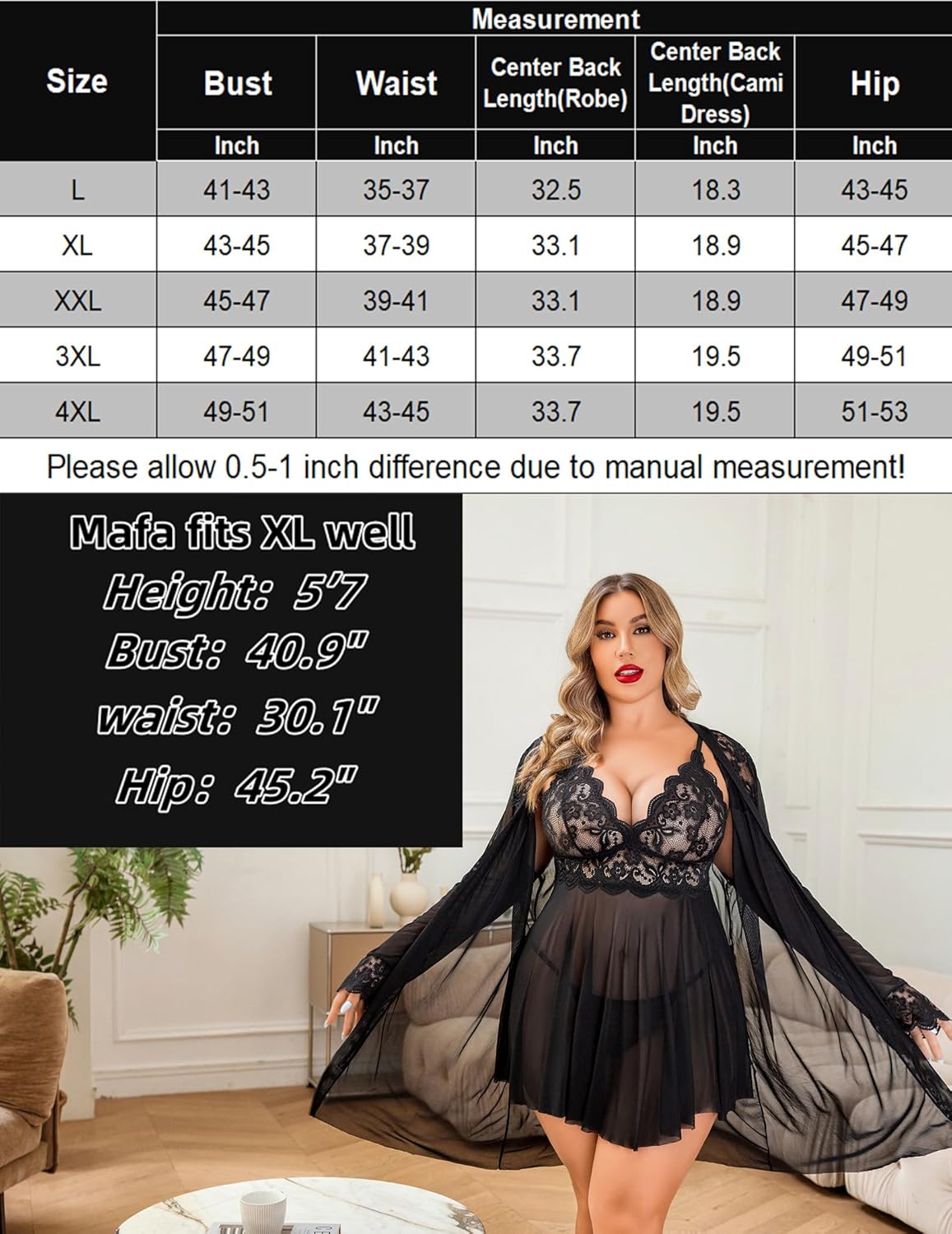 Plus size lace babydoll lingerie set with long sheer robe, black