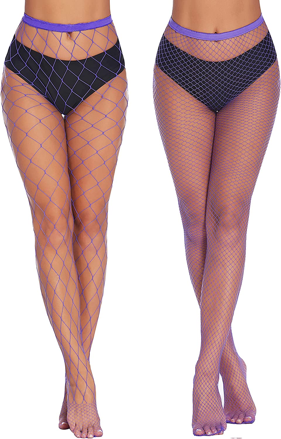 Plus-size fishnet stockings, purple mesh with wide band at top