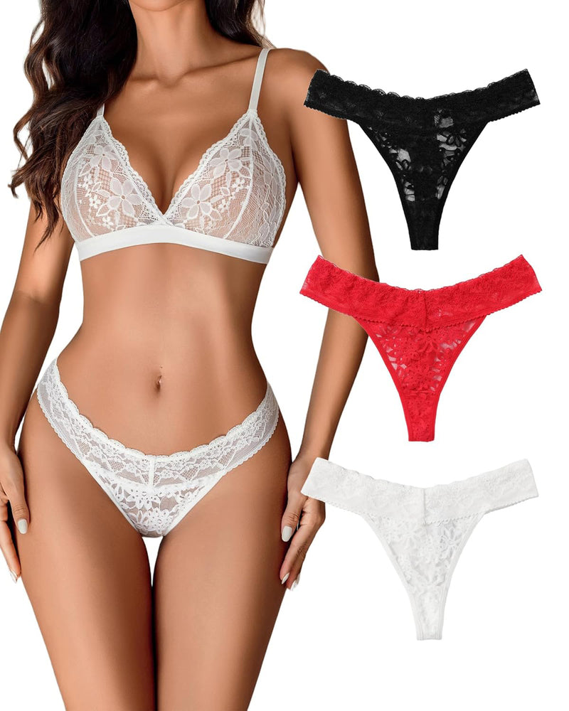 Low-rise lace Brazilian panties in white, red, and black