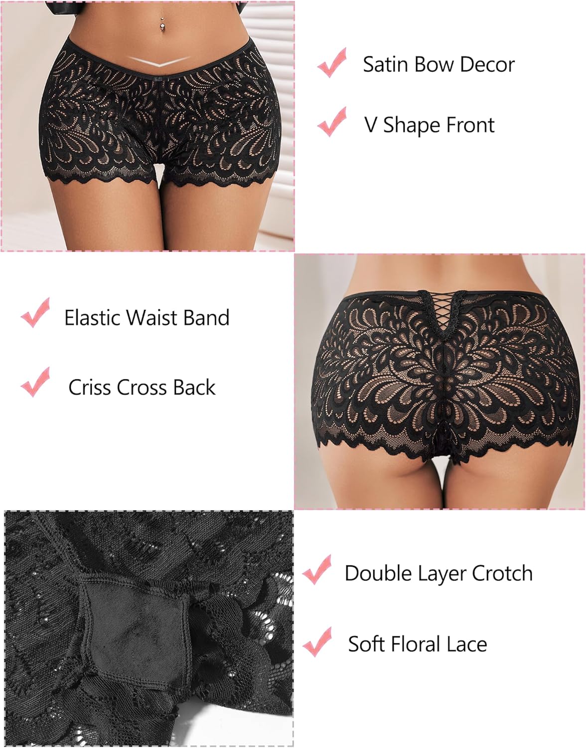Black floral lace boyshort panties with scalloped leg and elastic waistband