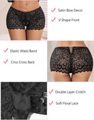 Black floral lace boyshort panties with scalloped leg and elastic waistband