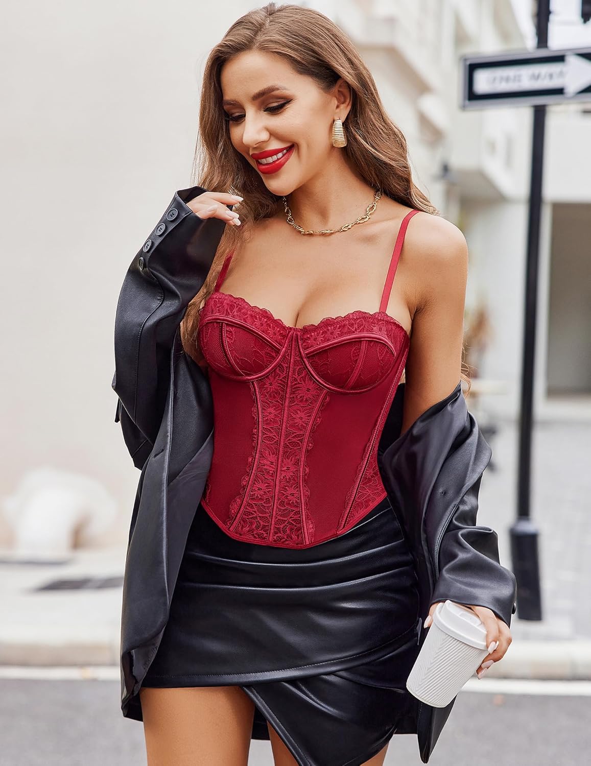 Wine red lace bustier corset top with scalloped cups and thin straps