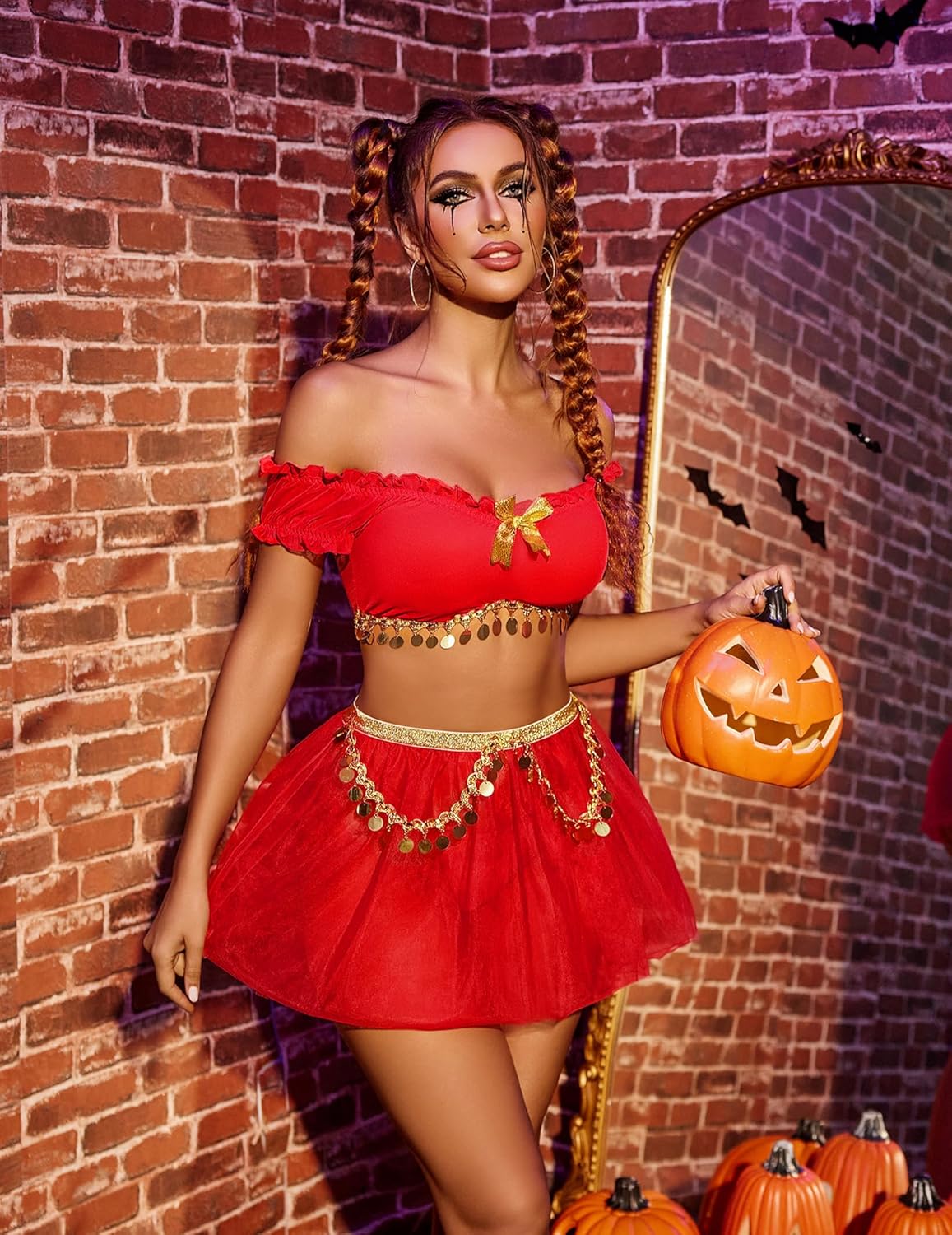 Red 3-piece lingerie cosplay set with off-shoulder bra and flared mini skirt with gold trim