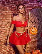 Red 3-piece lingerie cosplay set with off-shoulder bra and flared mini skirt with gold trim