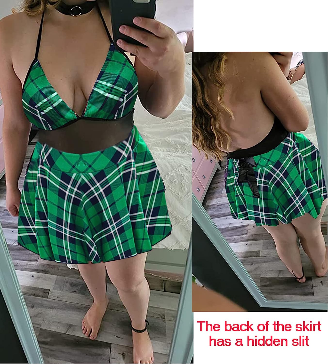 Green plaid snap-crotch dress with mesh bodice and pleated skirt, lace-trim garters