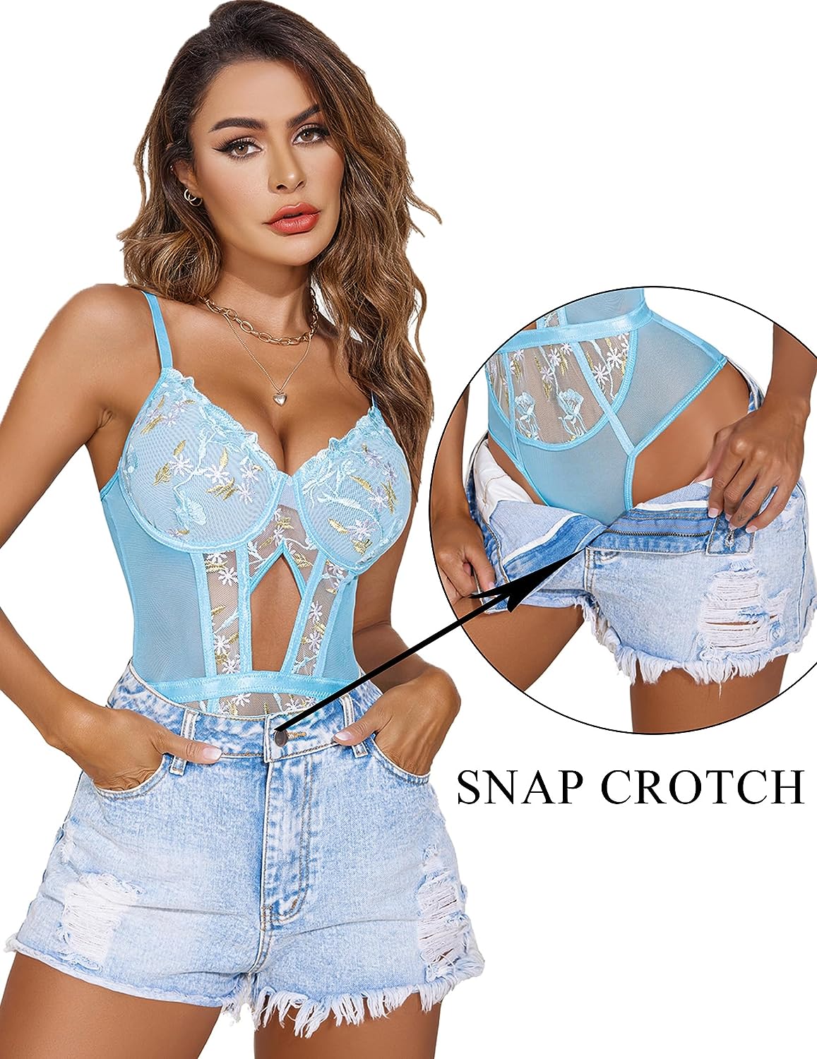 Light blue lace bodysuit with floral embroidery, snap crotch, and garter belt straps