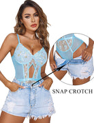 Light blue lace bodysuit with floral embroidery, snap crotch, and garter belt straps