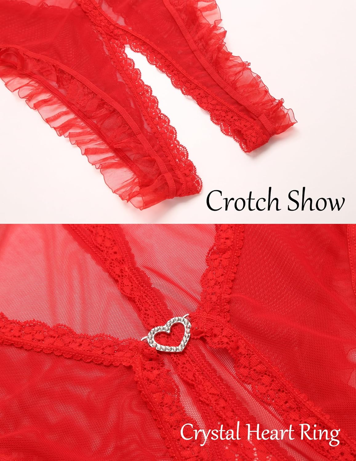 Red lace crotchless teddy with heart-shaped ring detail at the crotch