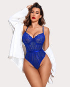 Blue lace underwire one-piece bodysuit with sheer mesh panels