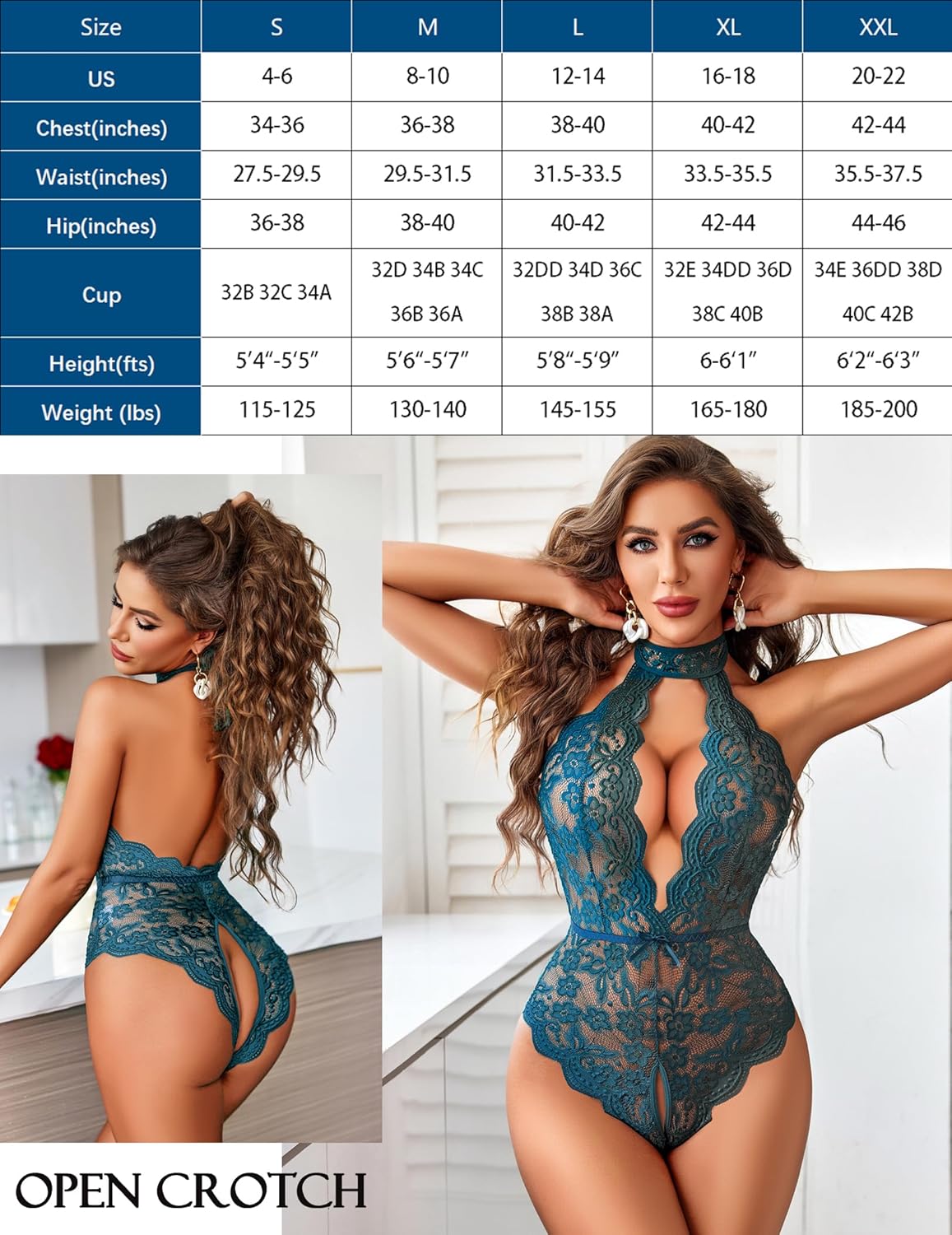 Halter lace teddy with deep V neckline in teal blue, lace cutouts and thong-style back