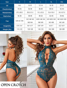 Halter lace teddy with deep V neckline in teal blue, lace cutouts and thong-style back