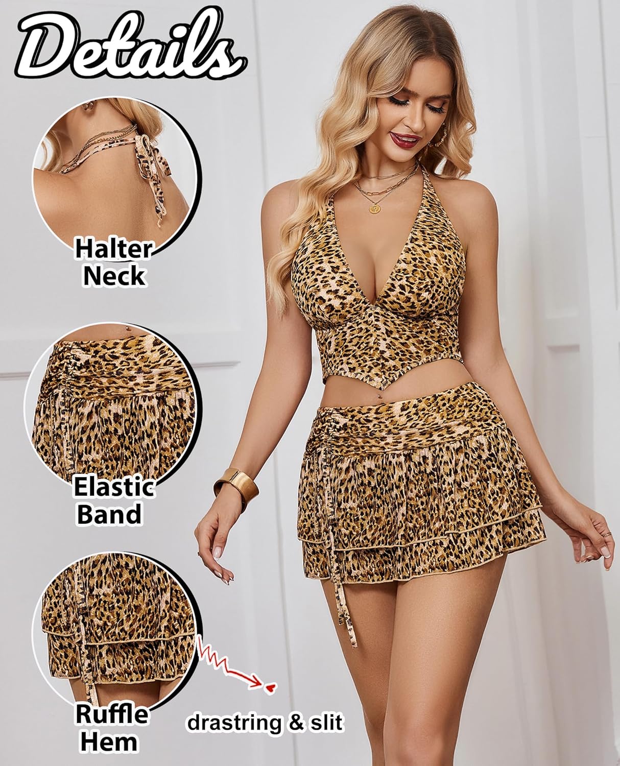 Leopard halter V-neck crop top and elastic-band ruffle mini skirt set