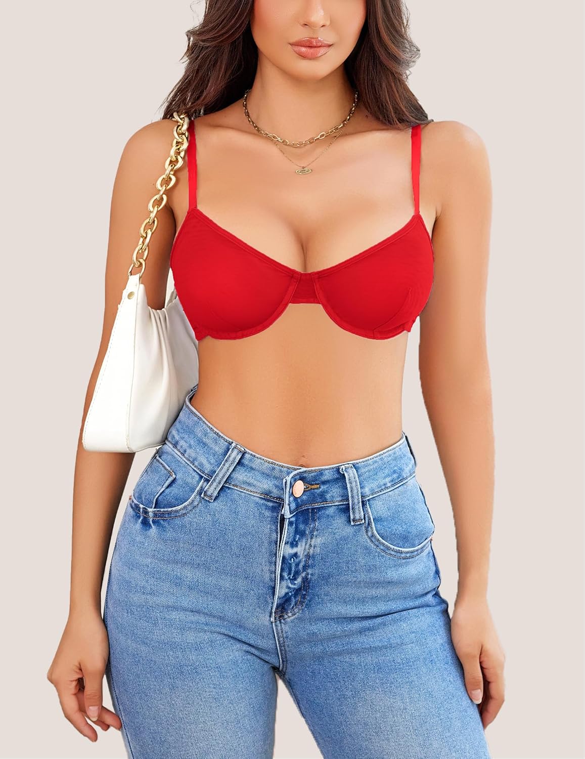 Sheer mesh unlined underwire bra, red, front view with underwire cups and straps