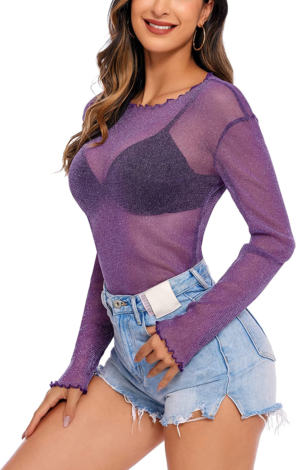 Long-sleeve sheer mesh top in purple, V neckline with scalloped edges