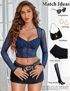 Navy long-sleeve rhinestone crop top with sweetheart neckline and sparkly dots