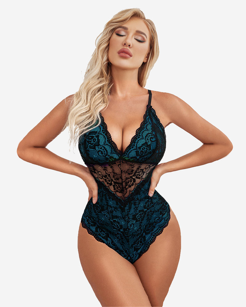Teal-blue contrast lace snap-crotch teddy one-piece with V-neck and lace overlay