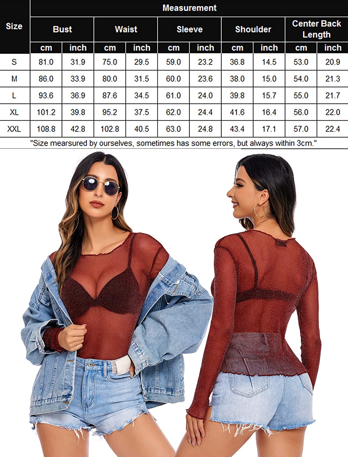 Long-sleeve mesh top in dark wine red, sheer with V neckline and scalloped edges