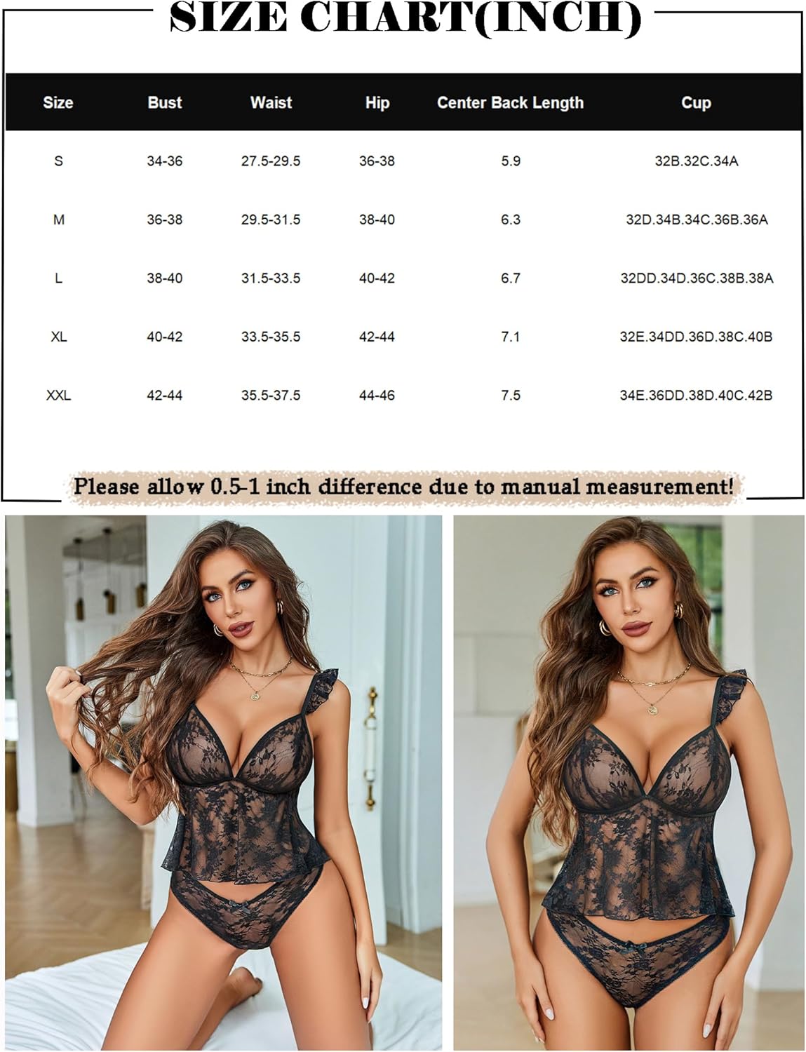 Lingerie set size chart with bust, waist, hip and center back length table