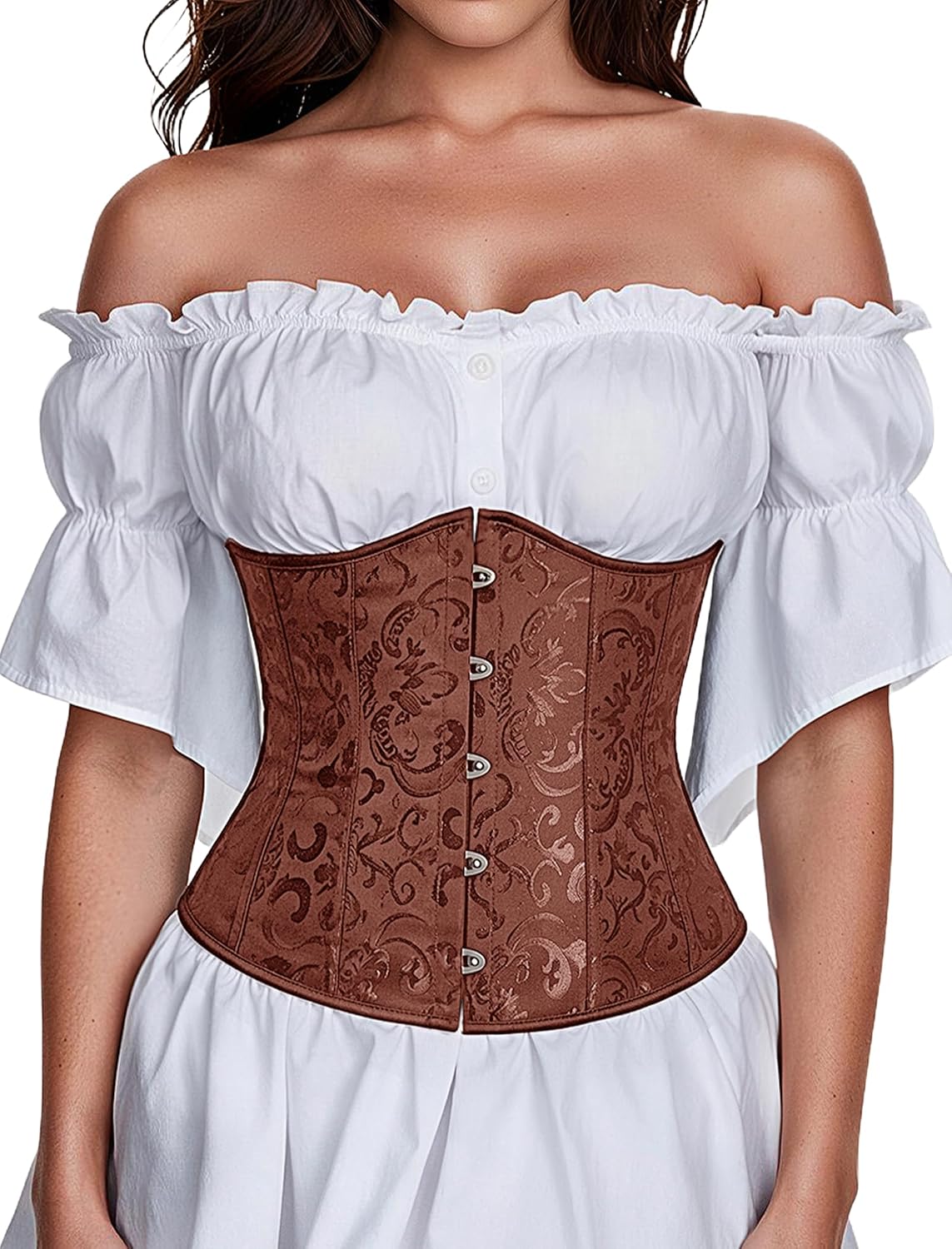 Brown patterned underbust corset top with button front and white off-shoulder ruffle sleeves