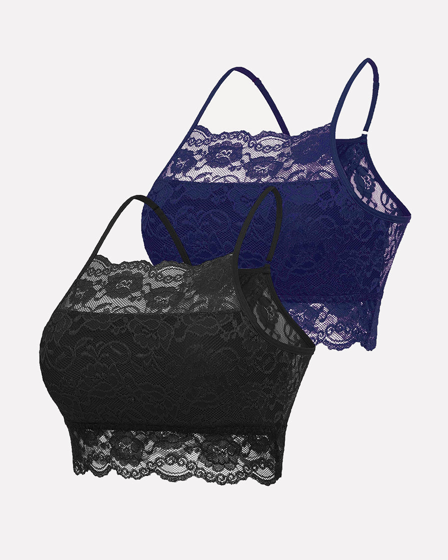 2-pack lace wireless crop tops, navy and black sheer lace