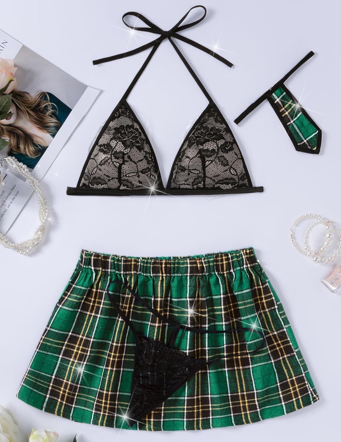 Black lace halter bra set with green plaid mini skirt and lace thong, tie included