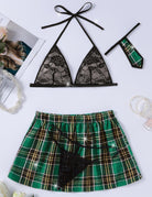 Black lace halter bra set with green plaid mini skirt and lace thong, tie included