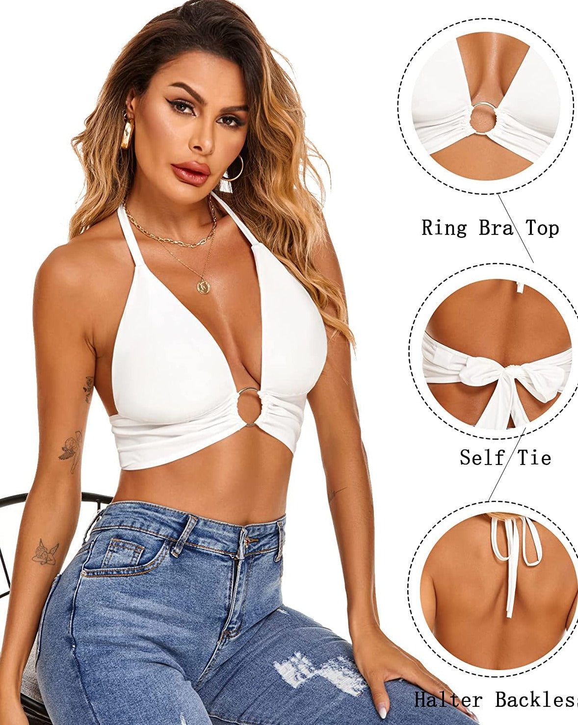 White halter deep V-neck tank top with ring bra design