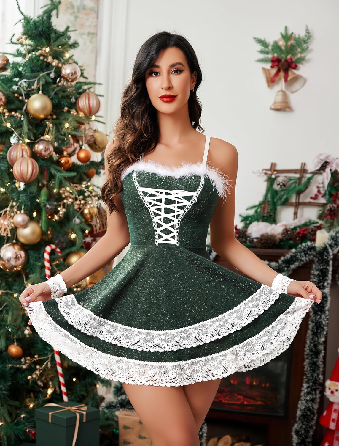 Green V-neck party dress with white lace layered skirt and crisscross bodice detail
