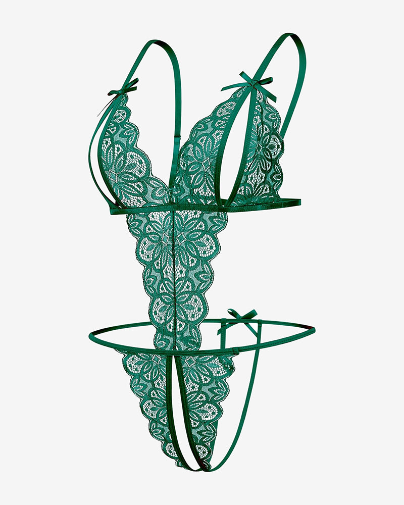 Green lace deep-V teddy bodysuit with bow straps and lace-up side cutouts