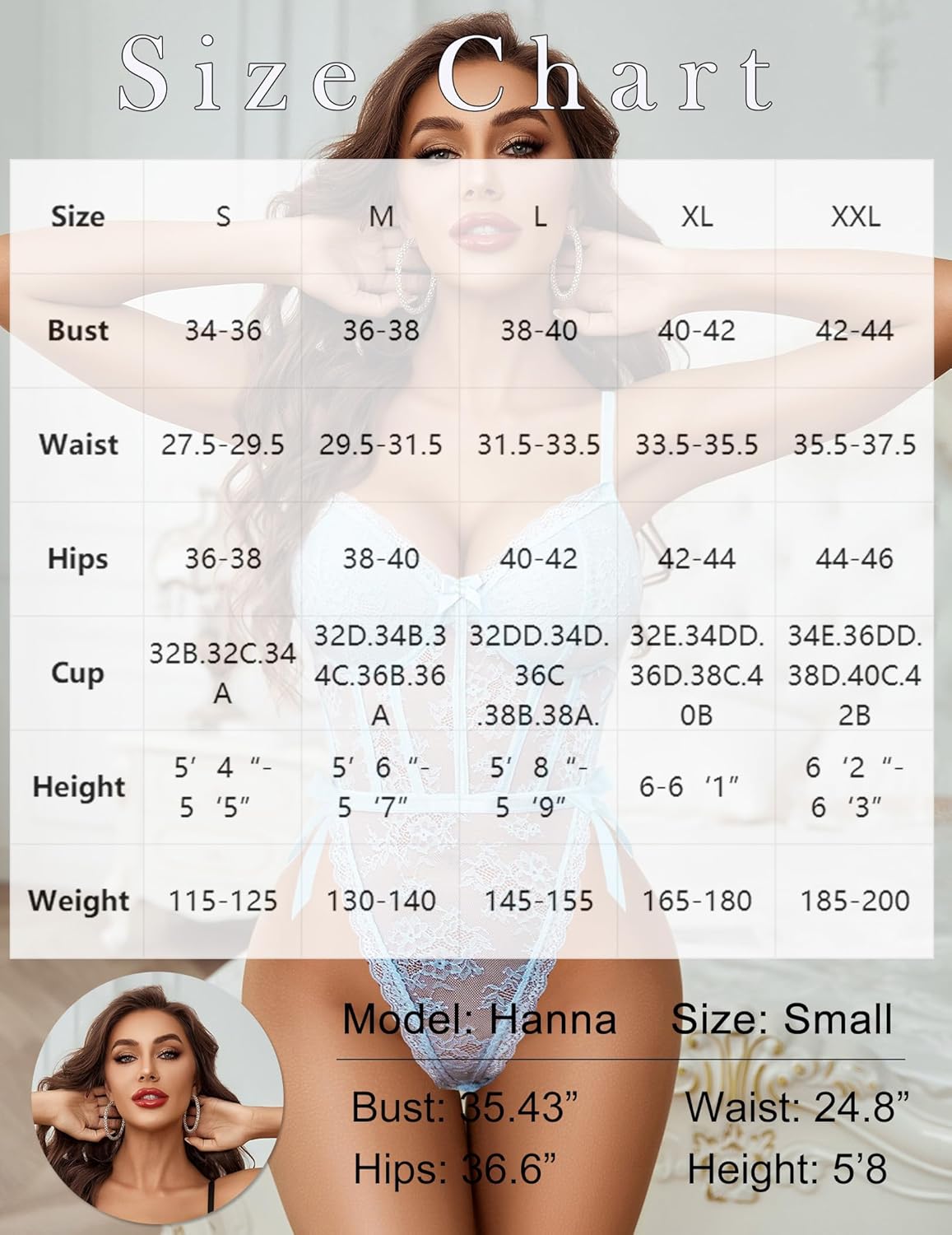 Size chart for lace bodysuit with deep V and side ties