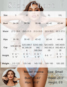 Size chart for lace bodysuit with deep V and side ties