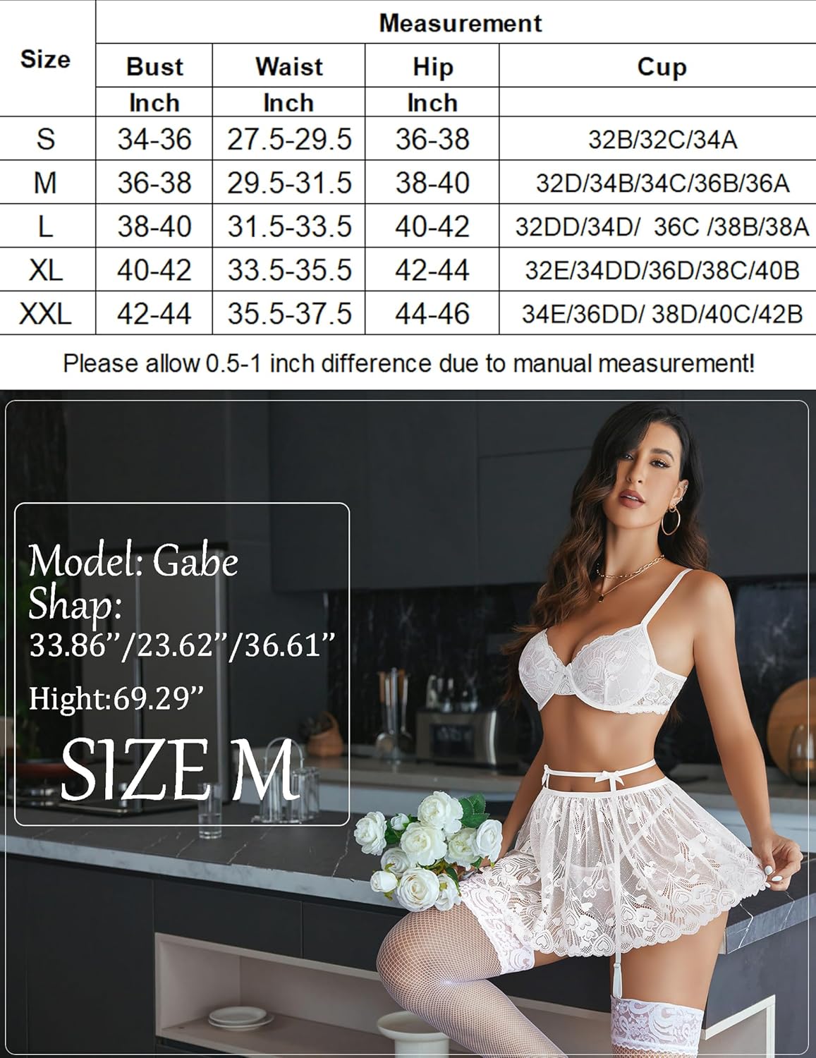 White lace babydoll lingerie set with skirt, garter straps, and thigh-high stockings