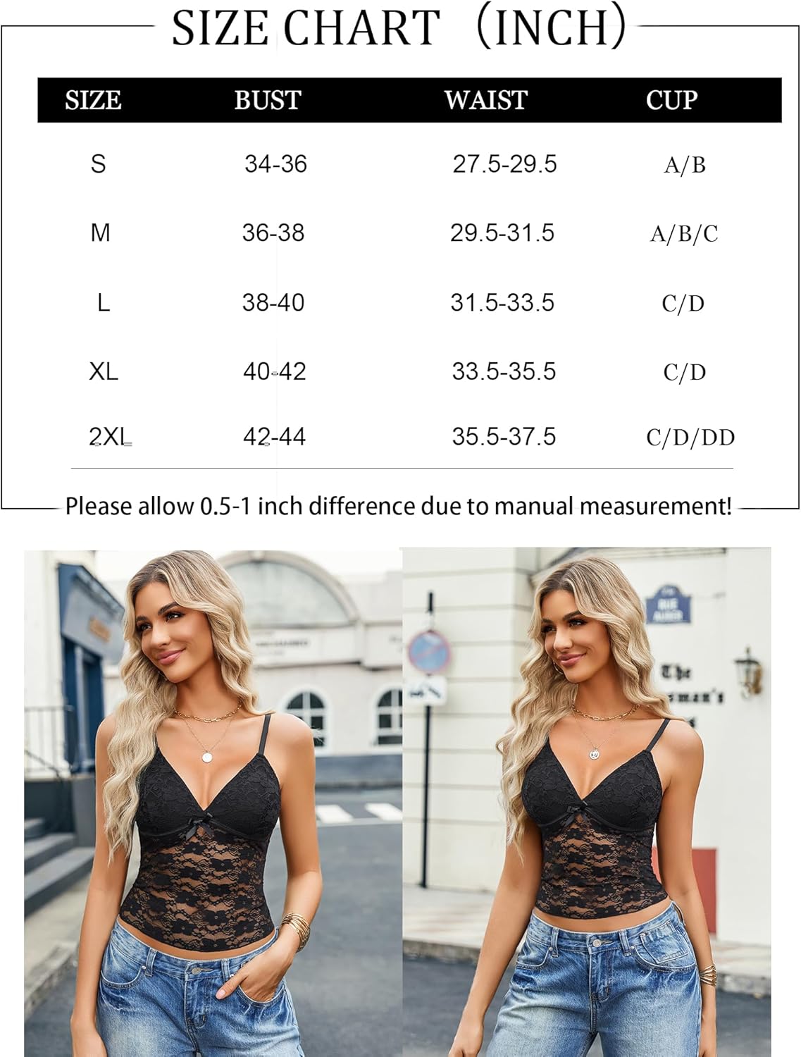 Size chart for crop camisole tank (inches), with black lace tank shown