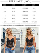 Size chart for crop camisole tank (inches), with black lace tank shown