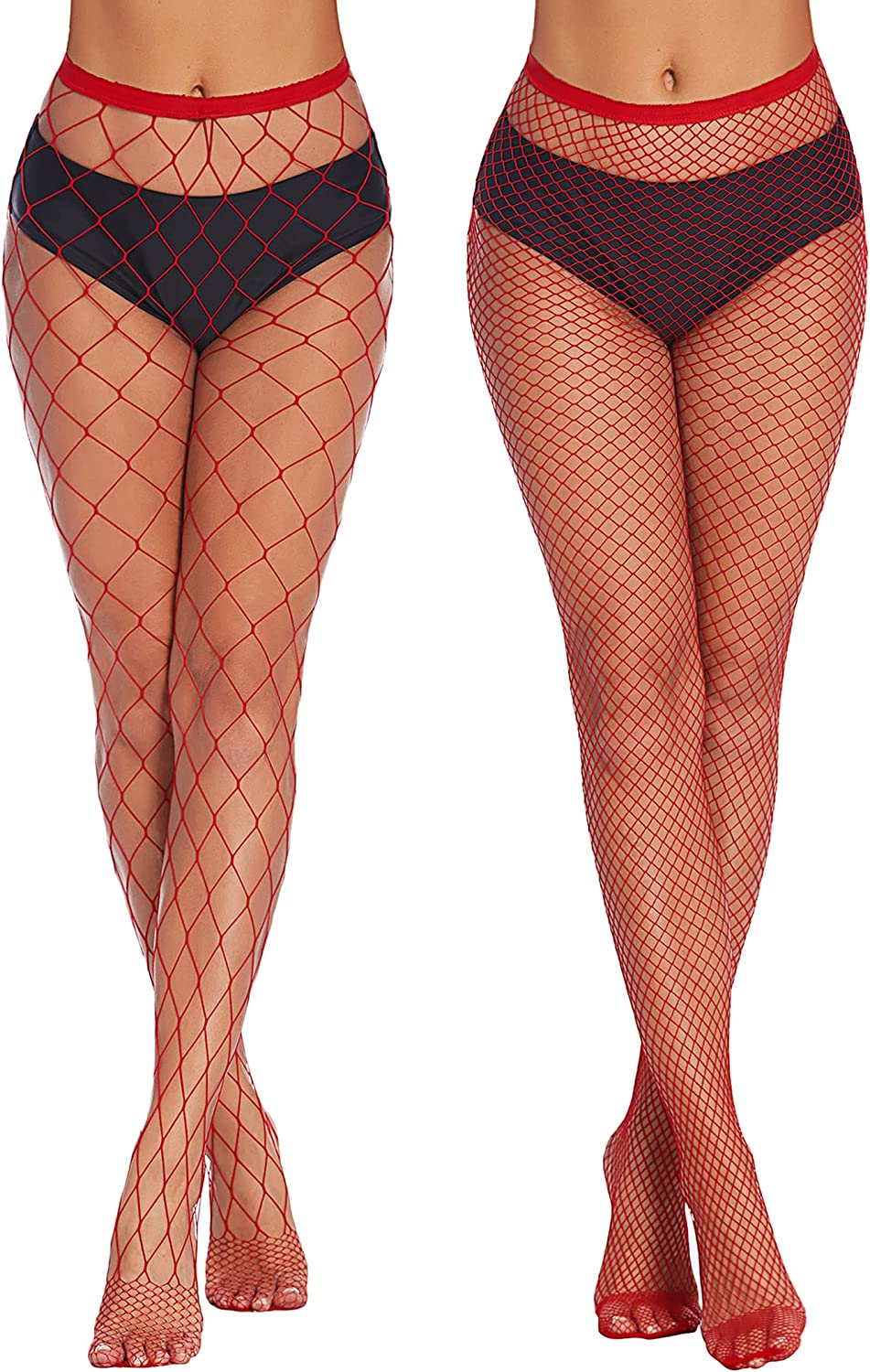 Red and dark fishnet stockings for plus size, diamond lattice, wide top bands